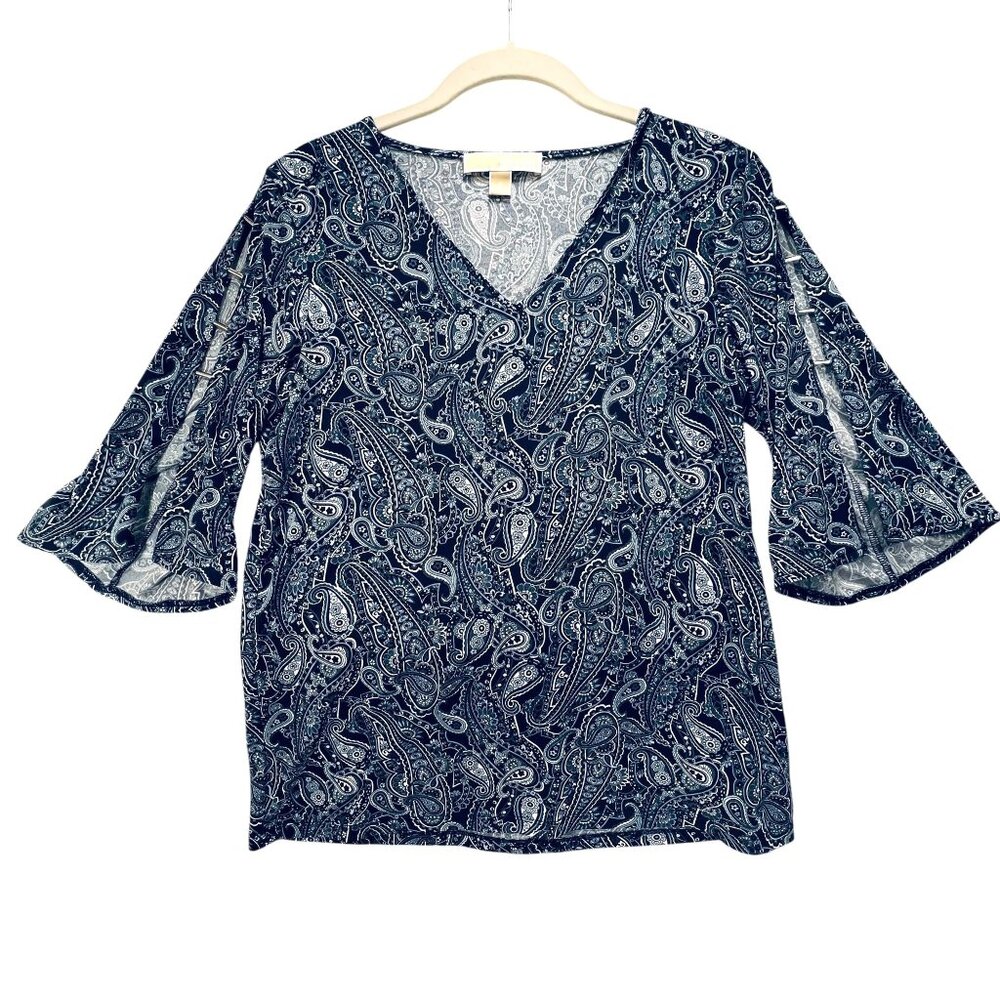 Michael Kors Paisley Bell Sleeve Top Metallic Shoulder VNeck Navy White S Womens